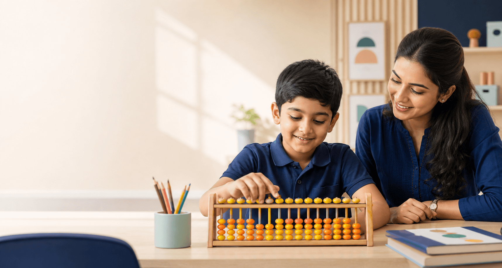 Child learning abacus with a teacher in a bright classroom